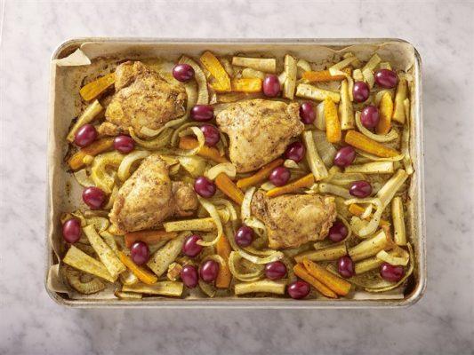 Chicken Sheet Pan Dinner with Grapes, Carrots and Parsnips